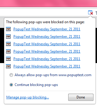 Test Pop-up μπλοκαρίσματος Η δοκιμή του Google Chrome έγινε από το site: http://www.popuptest.com 3.5.4 Cookie Blocking Οι χρήστες έχουν απόλυτο έλεγχο όσον αφορά τις άδειες cookie στο Google Chrome.