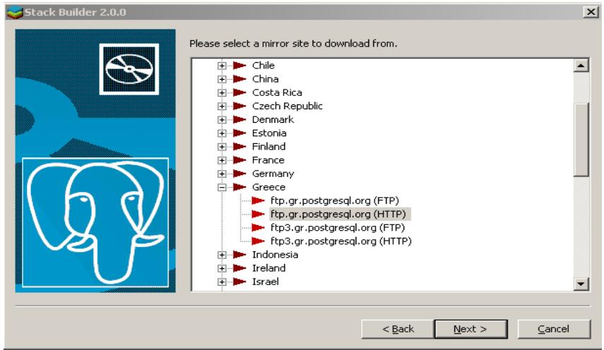 Στο παράθυρο του Stack Builder επιλέγεται PostgreSQ L Database Server 8.