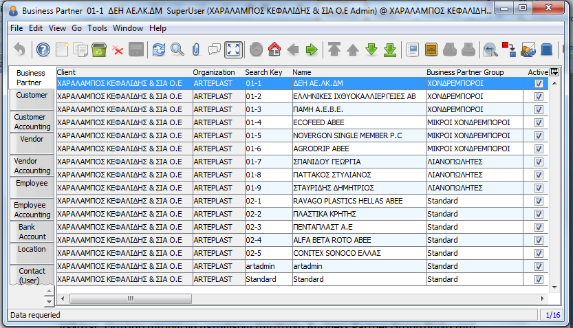 επιλογή. Μετά την ολοκλήρωση της εισαγωγής των πελατών και των προμηθευτών το παράθυρο Business Partner εμφανίζεται ως εξής: Εικόνα 6.