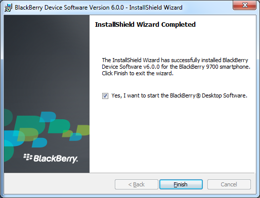Επιλέξτε το Yes I want to start the BlackBerry Desktop Software και κάντε κλικ στο Finish.