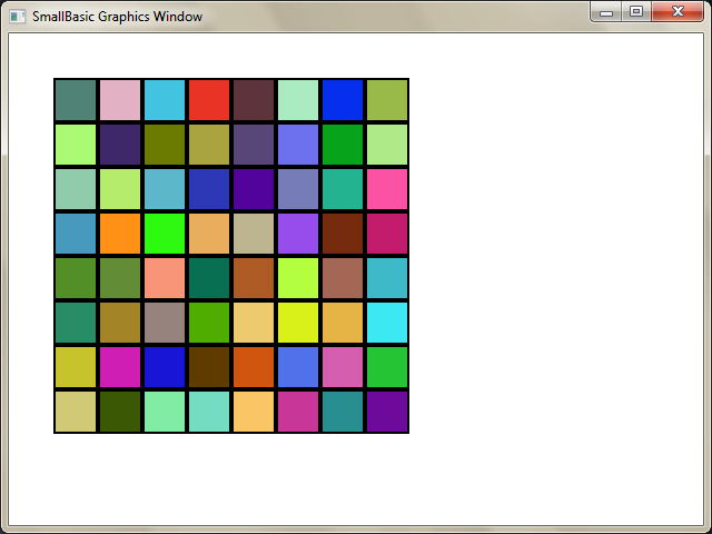 For c = 1 To columns GraphicsWindow.BrushColor = GraphicsWindow.GetRandomColor() boxes[r][c] = Shapes.AddRectangle(size, size) Shapes.
