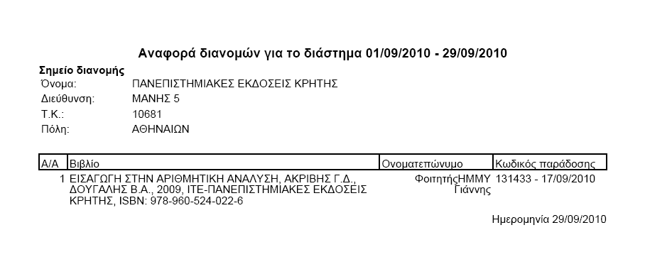 Επίσης, ο χρήστης μπορεί να ανοίξει ή/και αποθηκεύσει σε εκτυπώσιμη μορφή μία αναφορά με τις διανομές βιβλίων που πραγματοποιήθηκαν σε συγκεκριμένο χρονικό διάστημα.