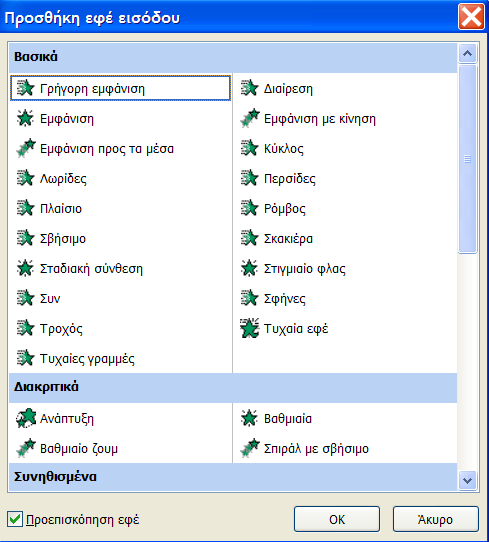 Γ) Έξοδος Δ) Διαδρομές κίνησης Η κάθε κατηγορία περιέχει μια λίστα με το είδος των εφέ που μπορούμε να επιλέξουμε, αν ωστόσο δεν μας ικανοποιεί κάποια από τις υπάρχουσες επιλογές, μπορούμε να
