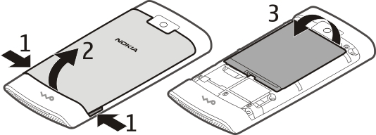 Ξεκινώντας 7 11 Υποδοχή Micro USB 12 Υποδοχή φορτιστή 13 Οπή για ιμάντα καρπού 14 Πλήκτρα έντασης 15 Κουμπί κλειδώματος πλήκτρων 16 Φακός κάμερας 17 Υποδοχή AV της Nokia (3,5 mm) Τοποθέτηση της