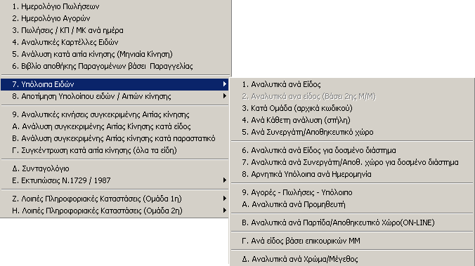 4.4.6 Βιβλίο Αποθήκης Παραγομένων βάσει Παραγγελίας Δεν αφορά στην παρούσα εφαρμογή. 4.4.7 Υπόλοιπα Ειδών Η επιλογή αυτή περιλαμβάνει στο μενού της ομάδα υπο επιλογών για την εξαγωγή πληροφοριακών καταστάσεων σχετικών με τα υπόλοιπα αποθήκης.