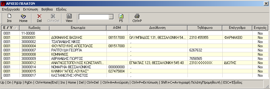 5.2.1 Αρχείο Πελατών Επιλέγοντας το «Αρχείο Πελατών» εμφανίζεται η πρώτη ηλεκτρονική σελίδα του αρχείου, όπως φαίνεται στην οθόνη επεξεργασίας της ακόλουθης εικόνας.