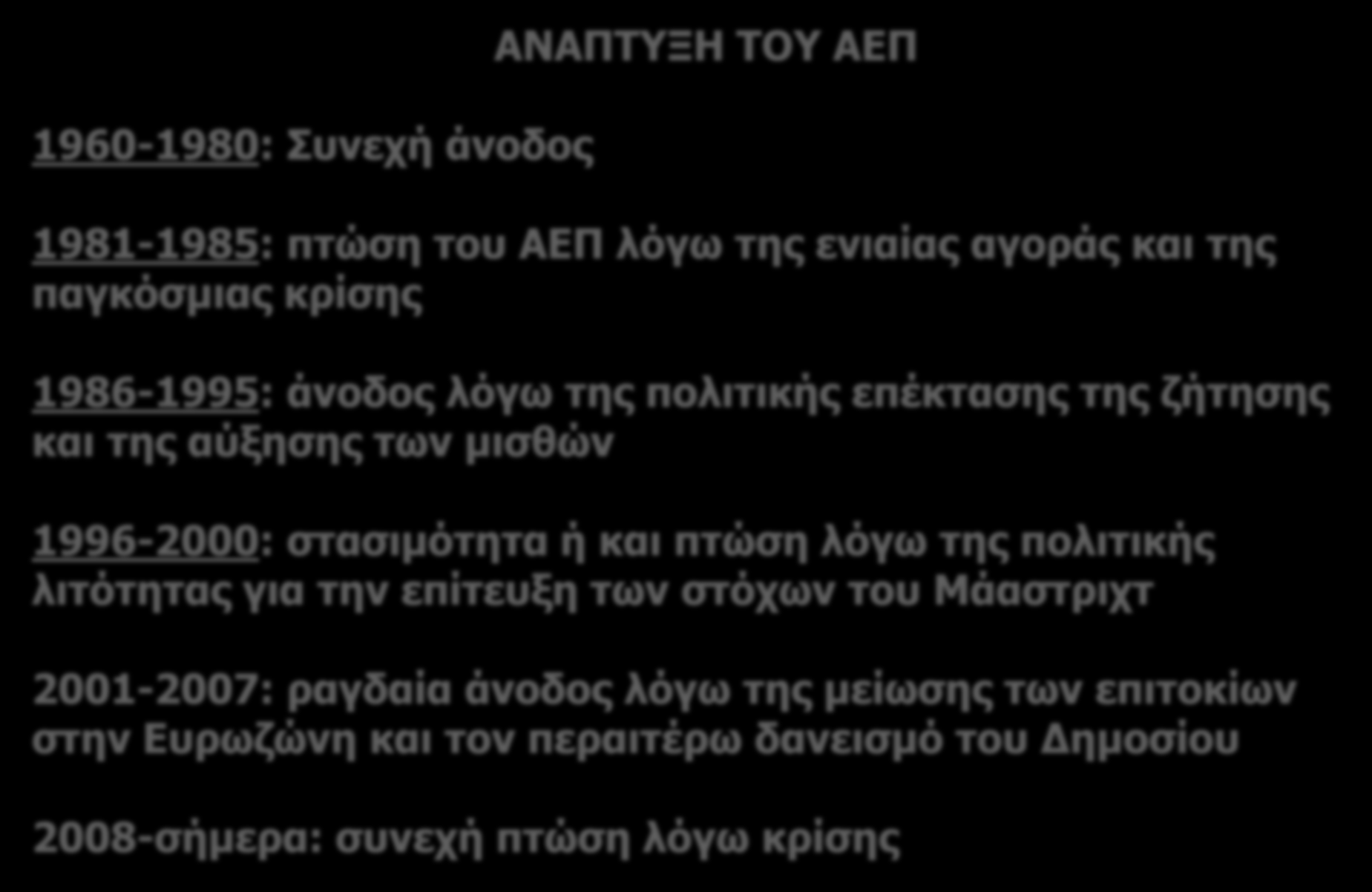 1960-1980: Συνεχή άνοδος ΑΝΑΠΤΥΞΗ ΤΟΥ ΑΕΠ 1981-1985: πτώση του ΑΕΠ λόγω της ενιαίας αγοράς και της παγκόσμιας κρίσης 1986-1995: άνοδος λόγω της πολιτικής επέκτασης της ζήτησης και της αύξησης των