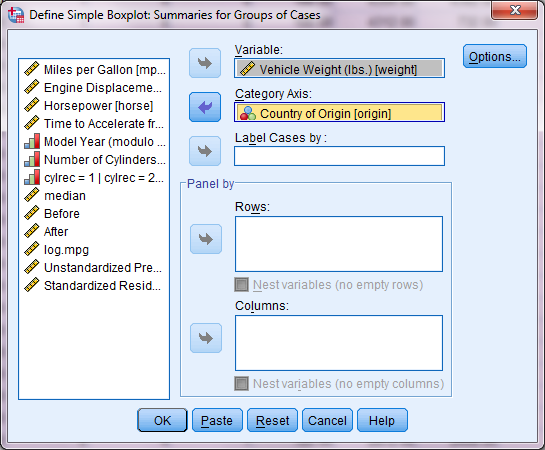 Dialogs Boxplot και στο παράθυρο της εικόνας 65 που θα εμφανιστεί επιλέγουμε το πρώτο εικονίδιο (Simple) και μετά Define για να οδηγηθούμε στο παράθυρο της εικόνας 66.