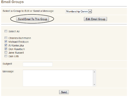 Β. Αποστολή Group E-mail - Για να στείλετε μια ομάδα e-mail, ο webmaster ή ο διαχειριστής επιλέγει την ομάδα που θα χρησιμοποιηθεί και κάνει κλικ Send Email to this group, εμφανίζοντας την παρακάτω