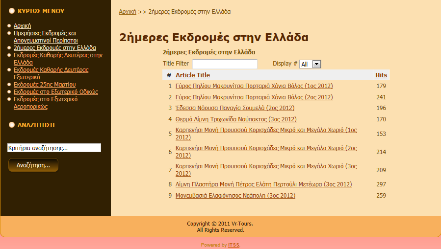 Click Menu Item 2Ήμερες Εκδρομές στην Ελλάδα. Βλέπουμε πως έχει δηλωθεί ως Category List Layout Menu Item Type.