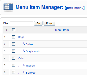 2. Add a new Menu Item called "Dogs". For this example, we don't really care what the type of the Menu Items is.