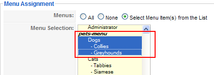Separate Menu Modules Now we will change our example to create three separate menus -- one for the top level (Dogs and Cats), one for the Dogs (Collies and Greyhounds), and one for the Cats (Tabbies