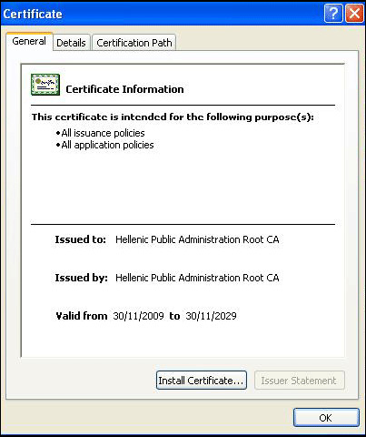 Στο παράθυρο με τίτλο Πιστοποιητικό «Certificate» που εμφανίζεται επιλέξτε «Εγκατάσταση Πιστοποιητικού» (Install Certificate) Εικόνα 3. Εικόνα 3. Οδηγός για την εγκατάσταση του ψηφιακού πιστοποιητικού 3.