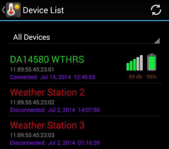 Android App: Weather Collector Στις ακόλουθες εικόνες, βλέπουμε τα χαρακτηριστικά του weather station service της συσκευής και το χαρακτηριστικό weather station measurement.