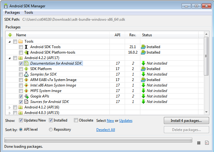 Η επιλογή Android SDK Manager θα μας βοηθήσει να επιλέξουμε και να εγκαταστήσουμε/ ενημερώσουμε την επιθυμητή έκδοση του Android SDK (συνήθως την πιο πρόσφατη) μαζί με επιπρόσθετες βιβλιοθήκες που