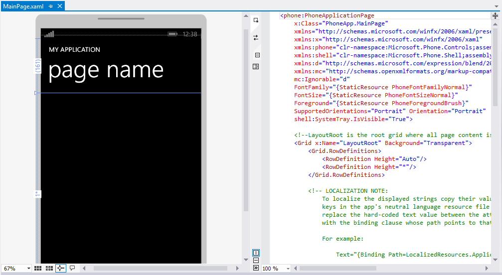 2-5 Η αρχική εικόνα του project μας Στα αριστερά είναι η απεικόνηση της εφαρμογής όπως θα φαίνεται σε μια συσκευή Windows Phone, ενώ στα δεξιά βρίσκεται ο XAML κώδικας της Main Page, όπως ονομάζεται,