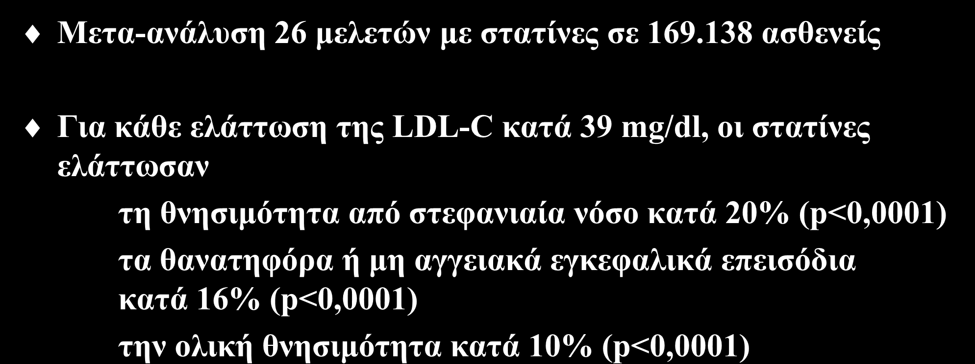 Οφέλη από την ελάττωση της LDL με στατίνη Μετα-ανάλυση 26 μελετών με στατίνες σε 169.