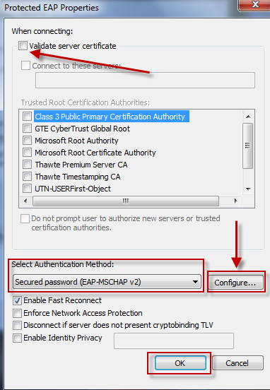 7. Κάνουμε un-check την επιλογή validate server certificate και στο πεδίο Select