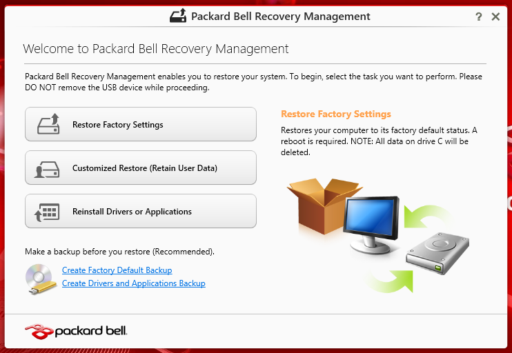 Προσαρμοσμένη επαναφορά με Packard Bell Recovery