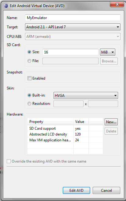 Σχήμα 2.3: Παραμετροποίηση του Android emulator Ο emulator έχει τον σκοπό του να αναπαραστήσει μία πραγματική συσκευή.