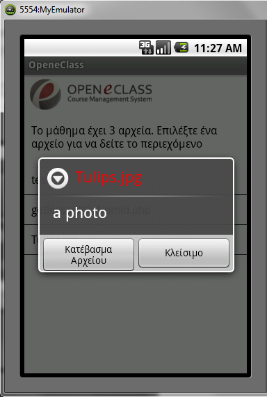Σχήμα 5.23: Πληροφορίες αρχείου Εκτός από τον τίτλο, ο χρήστης μπορεί να αναγνώσει και το περιεχόμενο της στήλης description. Επίσης δίνονται δύο επιλογές Download και Close.