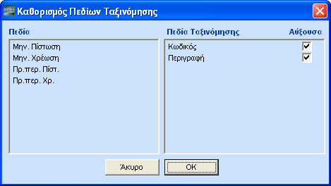 ΛΕΙΤΟΥΡΓΙΑ 5.6. ΤΑΞΙΝΟΜΗΣΗ Κάνοντας κλικ στο εικονίδιο Ταξινόμηση εμφανίζεται η οθόνη Καθορισμός Πεδίων Ταξινόμησης. Η οθόνη αυτή έχει δύο στήλες.
