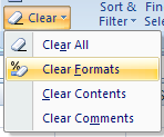 3. Από το group Editing στο Home Tab μετακινηθείτε στο εργαλείο Clear και κτύπηστε στο τοξάκι στα δεξιά του. Στη συνέχεια, επιλέξετε το Clear Formats.