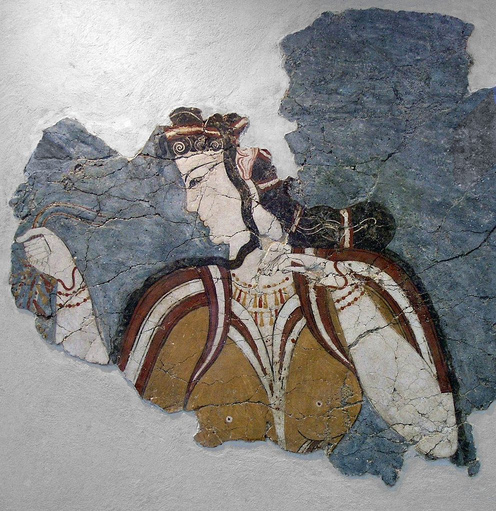 Σχήμα 1: Η Μυκηναία. Τοιχογραφία εξαιρετικής τεχνικής, που βρέθηκε στο θρησκευτικό κέντρο της ακρόπολης των Μυκηνών. γυναικών φυσικού περίπου μεγέθους.