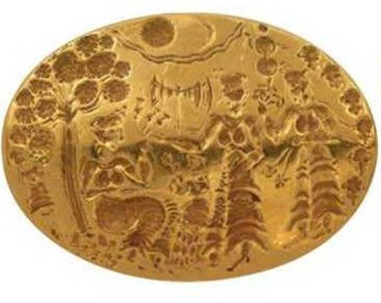 Σχήμα 4: Χρυσό δαχτυλίδι από τον ταφικό κύκλο Α των Μυκηνών. Θεϊκή μορφή καθισμένη δέχεται προσφορές (λουλούδια) από πομπή.