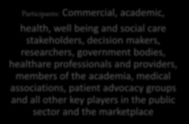 Participants: Commercial, academic, health, well being and social care stakeholders, decision makers, researchers, government bodies, healthare professionals and providers, members of the academia,