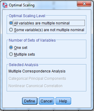 Εν συνεχεία ανοίγουν οι Επιλογές της Πολλαπλής Ανάλυσης Αντιστοιχιών (Optimal Scaling) (Εικόνα 15).