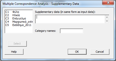 Εικόνα 25: Παράθυρο Supplementary Data Στο πλαίσιο διαλόγου Supplementary data (in same form as input data), εισάγουμε μία ή περισσότερες στήλες που περιέχουν τις στήλες με τα συμπληρωματικά δεδομένα.