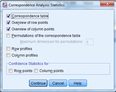 H προεπιλεγμένη (default) επιλογή του πακέτου είναι Correspondence Table, Overview of row points και Overview of column points. Εικόνα 5: Statistics menu 3.