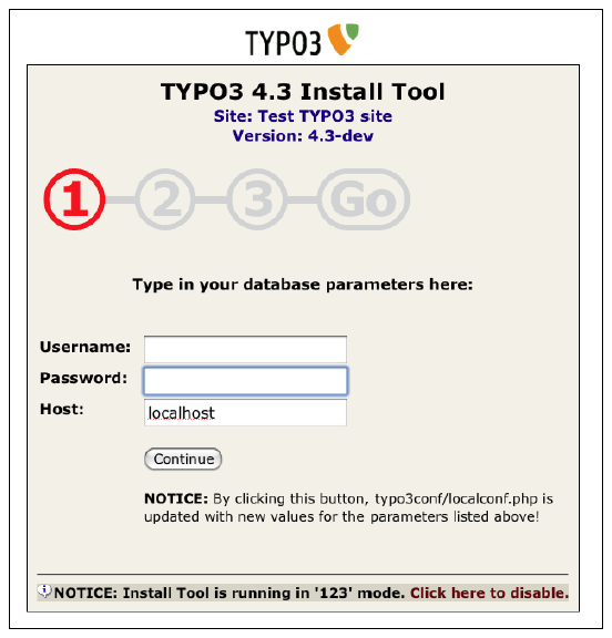 3 of 116 02/14/2012 03:43 PM Αφού δηλώσετε το όνομα και τον κωδικό πρόσβασης της βάσης δεδομένων σας, το TYPO3 θα σας εμφανίσει ένα πλήθος διαθέσιμων βάσεων και θα σας ζητήσει να απαντήσετε σε