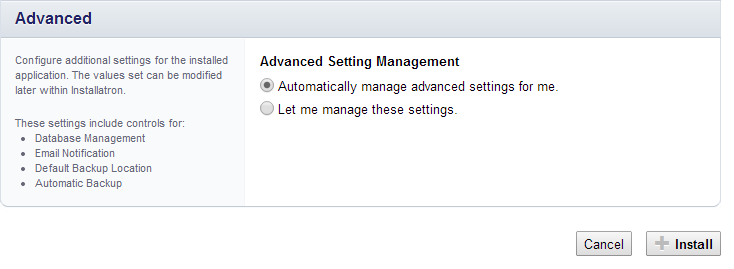 Επιλεγούμε Automatically manage advanced settings for me και κάνουμε εγκατάσταση (install). Με αυτή την επιλογή η εφαρμογή δημιουργεί τα πεδία στην βάση δεδομένων αυτόματα. Εικόνα 4.