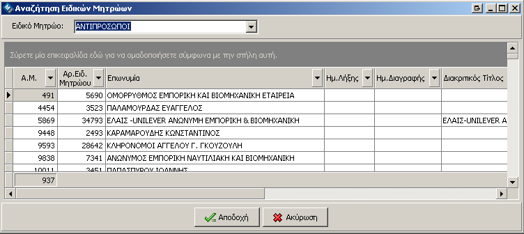 Τρόποι Αναζήτησης Εύρεση Διακριτικών Τίτλων Αρχίστε να πληκτρολογείτε τον Διακριτικό Τίτλο της εταιρείας που αναζητάτε και η εφαρμογή θα σας εμφανίσει εταιρείες που περιέχουν τις λέξεις που εισάγετε.