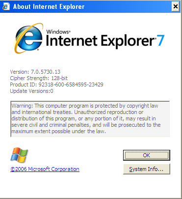 2.3 Έλεγσορ Internet Explorer ηελ ζπλέρεηα ειέγρεηε ηελ έθδνζε ηνπ Internet Explorer όπωο θαίλεηαη ζηελ παξαθάηω νζόλε.