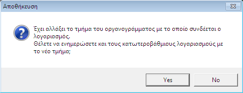 ΠΡΟΚΑΤΑΒΟΛΕΣ 3. Στη συνέχεια κάνετε κλικ στο εικονίδιο Αποθήκευση και εμφανίζετε το παρακάτω μήνυμα: Και πατώντας Yes ενημερώνονται όλοι οι κατωτεροβάθμιοι λογαριασμοί.