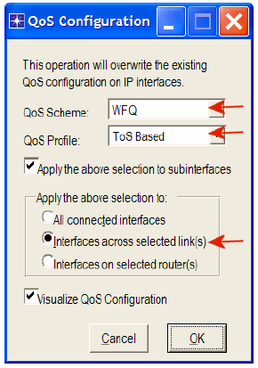 Σημείωση : Από την στιγμή που είναι επιλεγμένο το ραδιοπλήκτρο Visualize QoS Configuration, το link έχει χρώμα που βασίζεται στο QoS scheme που χρησιμοποιείται (πορτοκαλί για το priority queuing). 4.