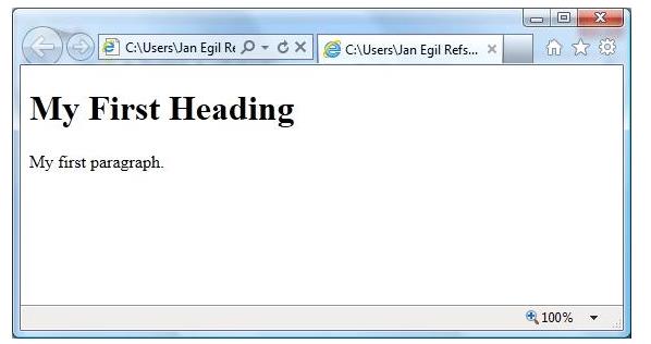 Παρατηρούμε πως ό,τι έχουμε γράψει στην σελίδα μας ( My First Heading και My first paragraph ) περικλείται σε tags που ανοίγουν πριν ξεκινήσει το περιεχόμενο, και κλείνουν αφού τελειώσει.