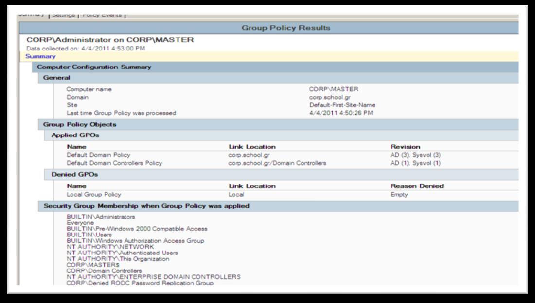 Εικόνα 2.7.2: Group Policy Results Ας δούμε όμως τον τρόπο με τον οποίο μπορούμε να επεξεργαστούμε τις πολιτικές μιας ομάδας.