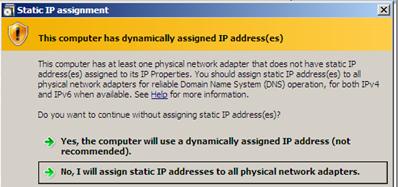 14: Προειδοποιητικό μήνυμα για στατική IP διεύθυνση Στη συνέχεια θα πρέπει να δηλωθεί η διαδρομή (path) στην οποία θα εγκατασταθούν η βάση δεδομένων του Ενεργού Καταλόγου, τα αρχεία καταγραφής (log