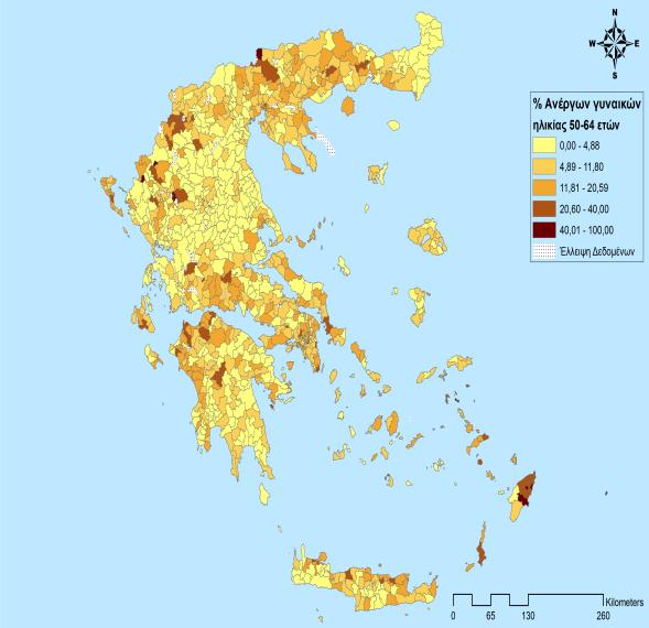 Σχήμα 3: Διάγραμμα διασποράς δείκτη Moran s I και χάρτης χωρικών προτύπων του ποσοστού άνεργων γυναικών ηλικίας 25-49 ετών κατά ΟΤΑ το 2001 3.3 Ποσοστό ανέργων γυναικών ηλικιακής ομάδας 50-64 ετών.