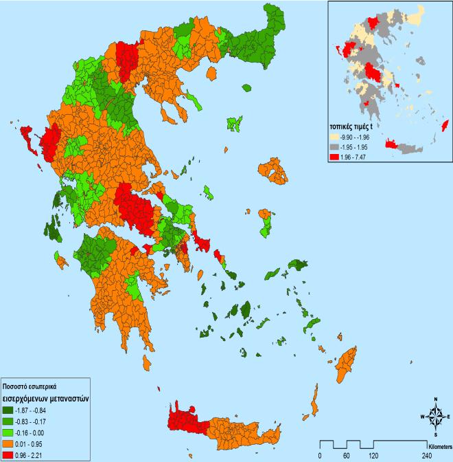 Σχήμα 5: Τοπικά εκτιμημένες παράμετροι και τοπικές τιμές της μεταβλητής ποσοστού διαζευγμένων και άγαμων γυναικών Ομοίως οι τοπικές παράμετροι του ποσοστού άγαμων γυναικών επηρεάζουν αρνητικά τα