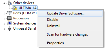 συνέχεια δεξί click πάνω στη συσκευή «ULTIMA-1A» και επιλέξτε «Ενημέρωση Λογισμικού Οδηγού»