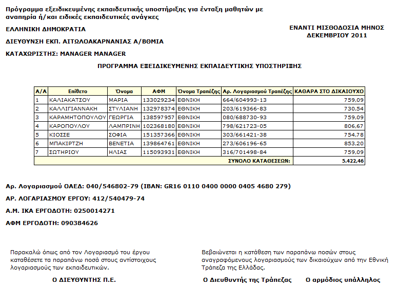 Εικόνα 213: Αναφορά τράπεζας για έναντι 3. Επιλέγοντας «Εκτύπωση σε Excel» δημιουργείται η ίδια αναφορά τράπεζας σε αρχείο csv, το οποίο μπορούμε να αποθηκεύσουμε. 6.19.3.4 Επισκόπηση Αδειών Με το κουμπί αυτό εμφανίζεται ένα παράθυρο που περιέχει όλες τις άδειες των εκπαιδευτικών για το μήνα που έχει γίνει υπολογισμός του έναντι.