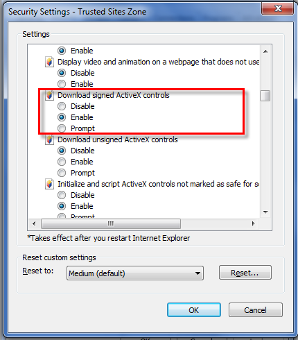 1) Λήψη στοιχείων ελέγχου ActiveX με υπογραφή Ενεργοποίηση (Download signed ActiveX controls = Enable) - Εικόνα 1 Εικόνα 1.