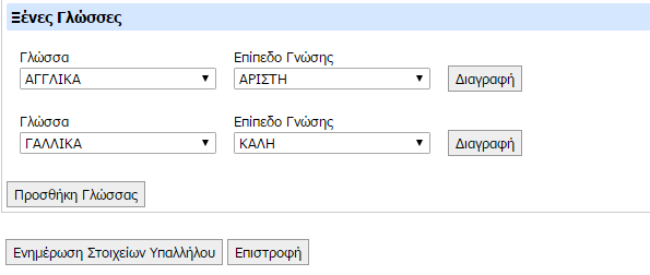 Στην καρτέλα αυτή εμφανίζονται τα πτυχία, μεταπτυχιακά, διδακτορικά καθώς και η γνώση ξένων γλωσσών τα οποία έχουν κατατεθεί στον προσωπικό «φυσικό» φάκελο του υπαλλήλου και μπορούν να επιβεβαιωθούν.