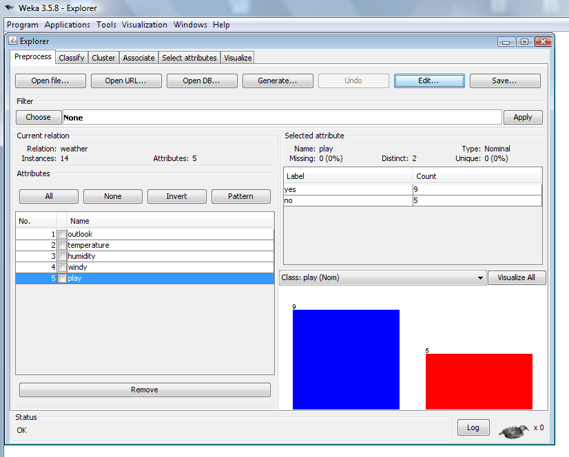 Κεφάλαιο 5 WEKA: Ένα εργαλείο Εξόρυξης Δεδομένων Visualize: Προβολή διαδραστικών 2D διαγραμμάτων των δεδομένων. 5.5.2 Preprocess Τα Pre-processing εργαλεία στο WEKA ονομάζονται filters.