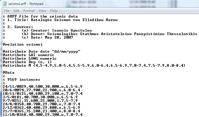 Κεφάλαιο 6 Εφαρμογή της KDD διαδικασίας - DM αποθηκεύω ένα αντίγραφο του αρχείου και αλλάζω την επέκτασή του σε arff. To αποτέλεσμα είναι το αρχείο seismoi.arff [Σχήμα 6-2]: Σχήμα 6-2. Αρχείο seismoi.